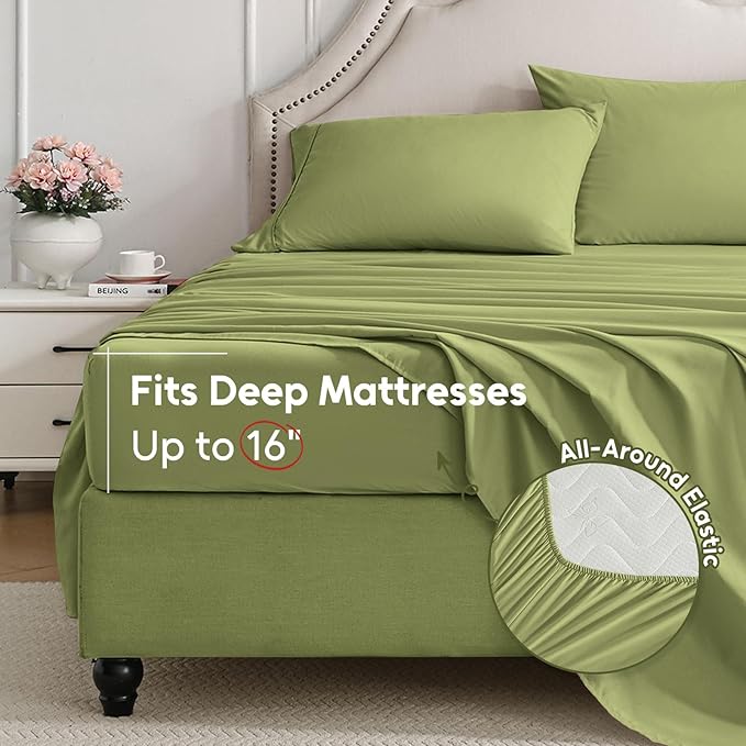 King Size Sheets Set, 4 Pieces Hotel Luxury Soft Microfiber Bed Sheets Set, Up to 16" Deep Pockets, Oeko-Tex Sheets with Elastic, Breathable, Wrinkle Free (Green, King)
