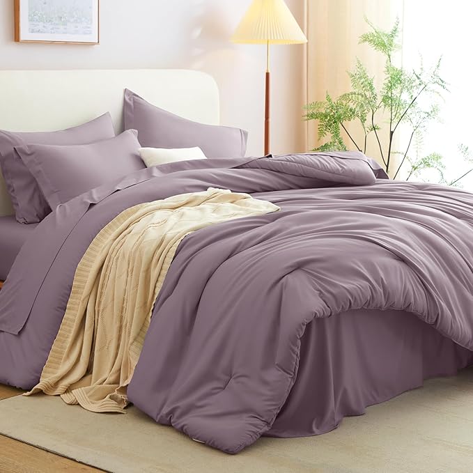 CozyLux Queen Comforter Set Dusty Purple, 7 Pieces Bed in a Bag Queen Comforter Set with Sheets, Luxury Soft Bedding Sets with Down Alternative Comforter, Fitted Sheet, Flat Sheet, Pillowcases & Shams