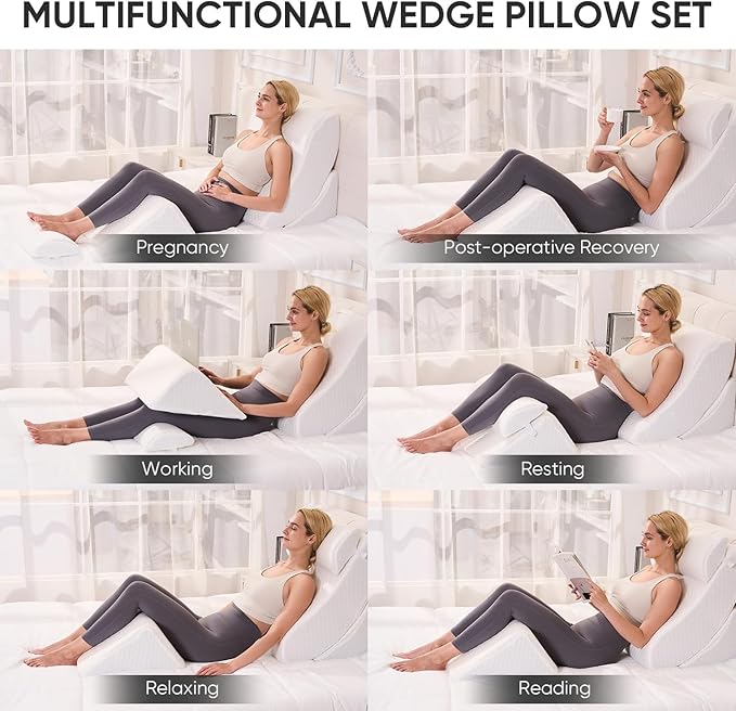 OAISZ 4 PCS Wedge Pillow Set for After Surgery, Memory Foam Orthopedic Bed Wedge Pillow Set, Adjustable Bed for Sleeping, Acid Reflux Relief, Post Surgery Recovery, Back Support, Leg Elevation, White