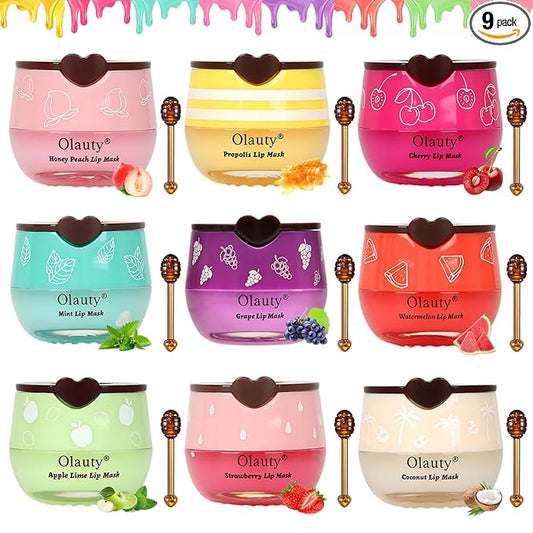 9Pcs Bee Lip Balm Honey Pot, Lip Mask Skincare, Strawberry, Watermelon, Apple Lime, Cherry, Mint, Grapes, Coconut, Peach, Moisturizing Honey Balm Teacher Appreciation Gifts, Mothers Day Gifts