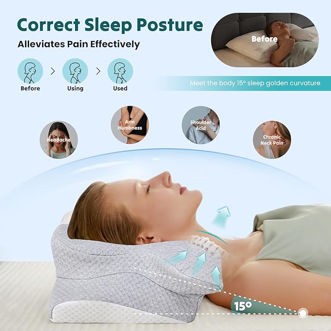 NEWBULIG Cervical Neck Pillow - Ergonomic Memory Foam Pillow for Neck Pain Relief, Contour Orthopedic Bed Pillow for Side, Back & Stomach Sleepers with Neck Support, 24" Lx15 W, Grey