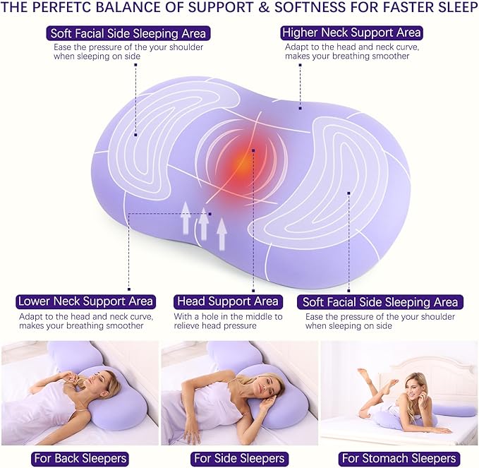 Memory Foam Pillows - Cervical Neck Pillows for Pain Relief, Ergonomic Contour Pillow for Side Back Stomach Sleepers (Purple)