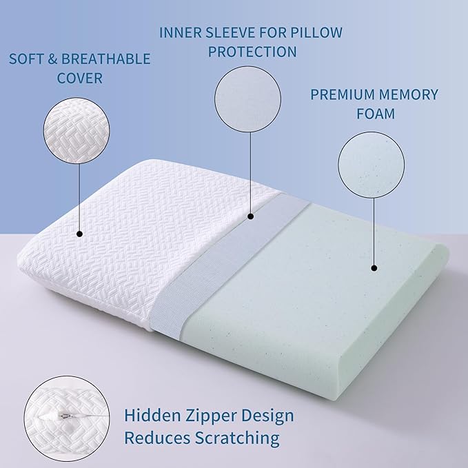 Ultra Thin, Flat Pillow for Sleeping 2.75 Inch Height, Thin Memory Foam Pillow for Stomach Sleeper, Slim Bed Pillow for Side and Back Sleepers, Standard Size