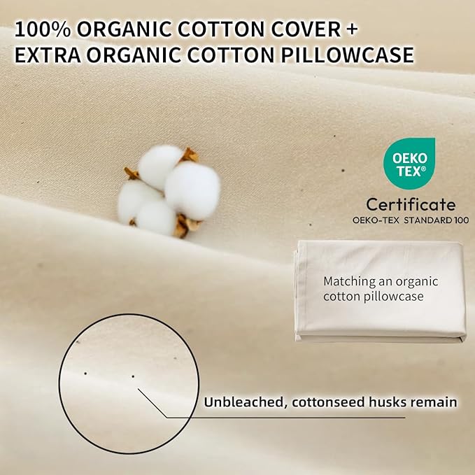 Organic Buckwheat Pillow for Sleeping with Organic Cotton Pillowcase - 20''x26'' Adjustable Pillow, Breathable for Cool Sleep, Cervical Support for Back and Side Sleeper(Tartary Buckwheat Hulls)