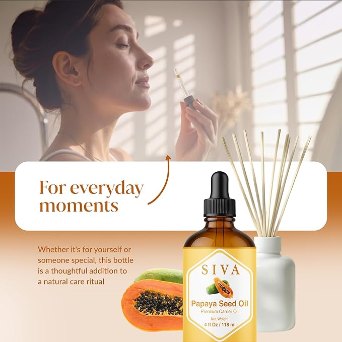 Siva Papaya Seed Oil 4oz (118ml) Premium Cold-Pressed 100% Natural Carrier Oil with Dropper for Face, Skin Care, Body Massage, Hair Care, Hair Oiling & Scalp Massage