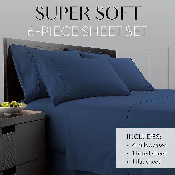 6 Piece Bed Sheet Set for Teens, Full/Queen/King Hotel Premium Sheets with 4 Pillowcases, Lightweight Brushed Microfiber Deep Pockets, Breathable Cooling Bedding Sets (Navy, Queen)