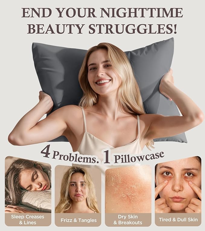 Instant Chill Cooling Pillowcase for Hot Sleepers, 2% HA Infused Pillowcase Hydrates Skin & Hair, Reduces Wrinkles & Frizz, Softer Than Silk Pillow Cases, Pillow Covers Queen (Dark Gray, 1 Pack)