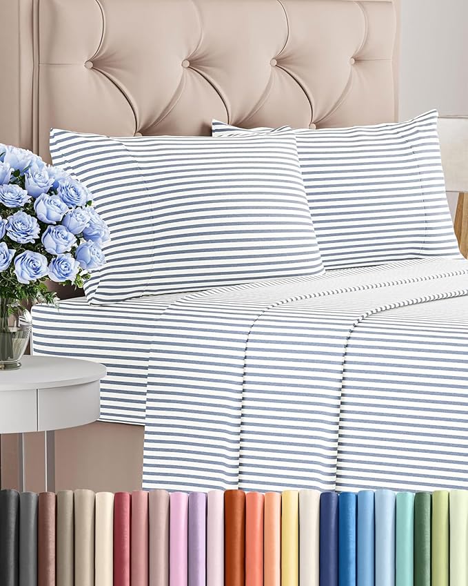 Full Size 4 Piece Sheet Set - Comfy Breathable & Cooling Sheets - Hotel Luxury Bed Sheets for Women & Men - Deep Pockets, Easy-Fit, Soft and Wrinkle Free Sheets - Blue Stripes Oeko-Tex Bed Sheet Set