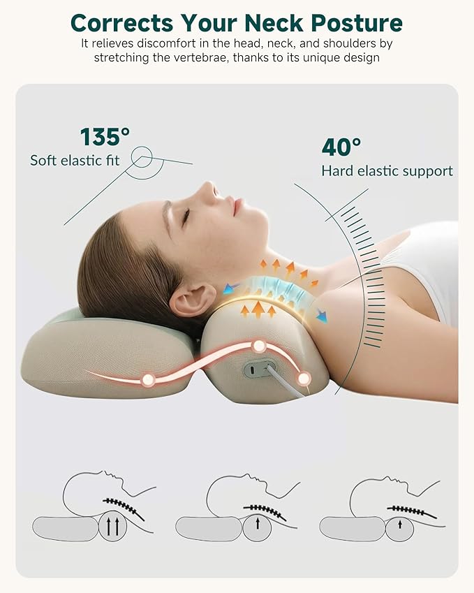 Neck Massager with Heat, Cordless Rechargeable Neck Traction Massage Pillow with Air Compression, FSA Eligible,Neck Stretcher Pillow, Digital Display Remote, Ergonomic Cervical Support for Home Office