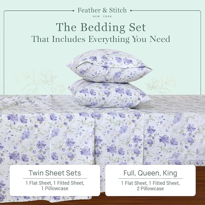 Feather & Stitch Softest 100% Cotton Sheets, 300 Thread Count Percale Weave Bedding, 16" Deep Pocket, Cooling Sheets, Breathable Bed Set, Hotel Premium Quality (Full, Violet Breeze)
