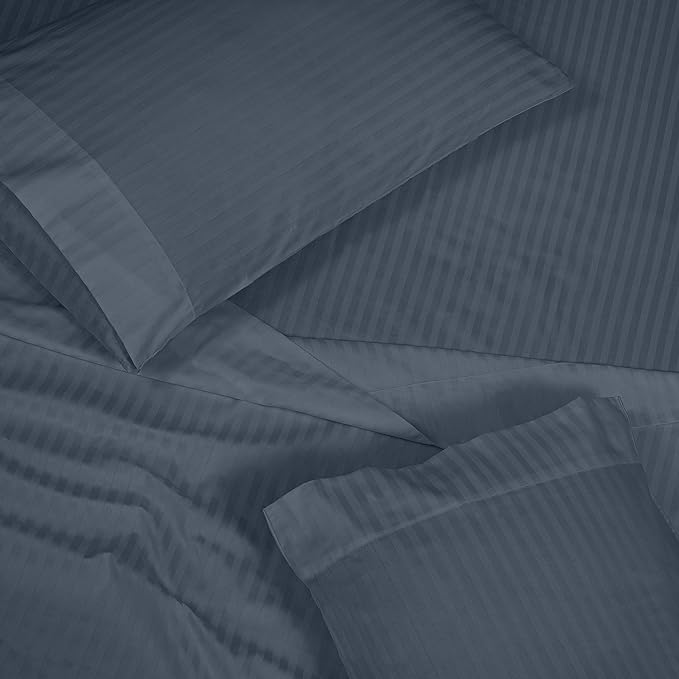 ROYALE LINENS 300 Thread Count 100% Long Staple Combed Cotton Striped Sheet Set - 4 Piece Queen Bed Sheets - 1 Fitted, 1 Flat & 2 Pillow Cases - Soft Cool & Crisp Sheet Set (Queen, Stripe Navy)