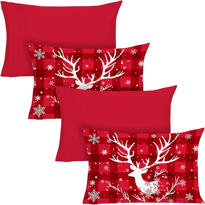 YIYEA Christmas Pillow Cases Queen Size Set of 4, Ultra Soft Double Brushed Microfiber Red Pillowcases and Christmas Pillow Covers, Envelope Closure, Fade Resistant (20"x30")
