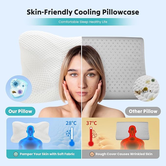 DUMOS Cervical Neck Pillow, Cooling Ergonomic Memory Foam Pillows for Neck Pain Relief with Breathable Pillowcase, Dual Height Orthopedic Support Contour Pillow for Side, Back, Stomach Sleepers, White