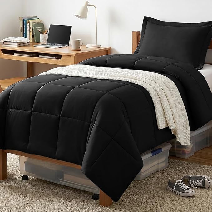 CozyLux Twin/Twin XL Comforter Set Black - 2 Pieces Box Stitched Twin Bed Set for Teen Boys and Girls with All Season, Soft Lightweight Bedding Sets with 1 Down Alternative Comforter and 1 Pillow Sham