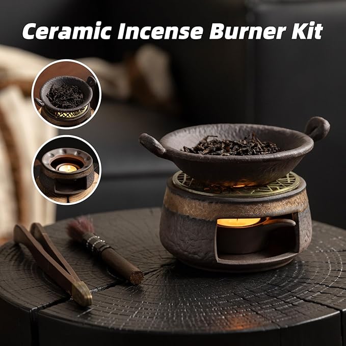 Cedar Aromatherapy Burner & Ceramic Oil Warmer for Home & Office (Heat-Resistant Double-Handled Baking Tray + Stone-Patterned Oven + Accessories)