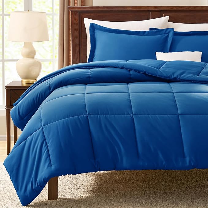 CozyLux Oversized King Comforter Set, 3 Pieces Classic Blue 120x98 Box Stitched Design Soft Bedding Set, All Season Lightweight Breathable Bed Set with 1 Down Alternative Comforter and 2 Pillow Shams