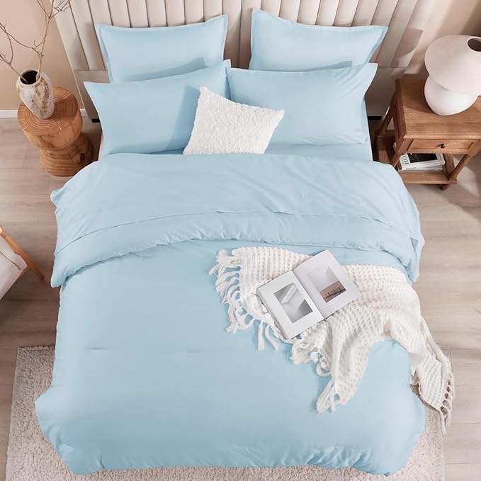 Litanika Comforter Full Size Set Light Blue - 7 Pieces Bed in a Bag Full Bedding Comforter Sets, Plain Lightweight Bed Set with Comforter, Sheets, Pillowcases & Shams