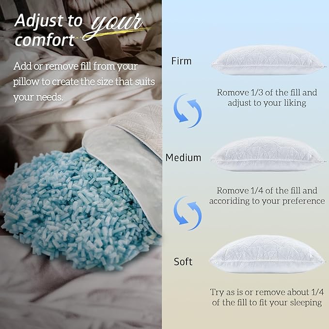 BETU Cooling Pillow Queen Size, Shredded Memory Foam Cool Pillow for Hot Sleepers, Adjustable Firm Soft Support Bed Pillows Perfect for Back Neck Pain and Side Sleeping with Pillow Case Cover, White