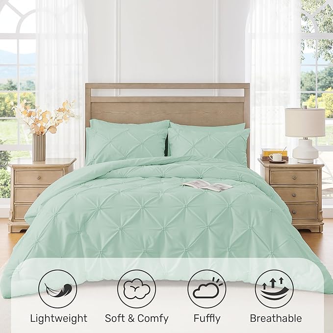 UNIKOME Queen Comforter Set Sage Green - Ultra Soft Boho Pintuck Down Alternative Bedding Set for All Seasons, 3 Pieces Lightweight Warm Pinch Pleat Bed Set with Comforter, 2 Pillowcases