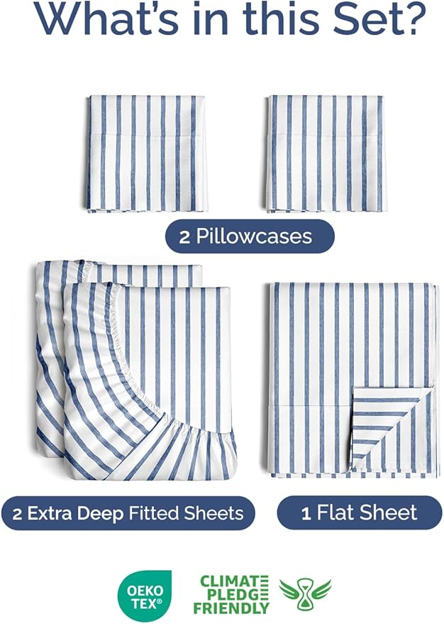 Extra Deep Split King Sheet Set - 5 Piece Breathable & Cooling Bed Sheets - Easily Fits 18 to 24 inch Mattress - Soft, Wrinkle & Fade Free w/ Extra Deep Pockets - Hotel Luxury Bedding - Blue Stripes 2