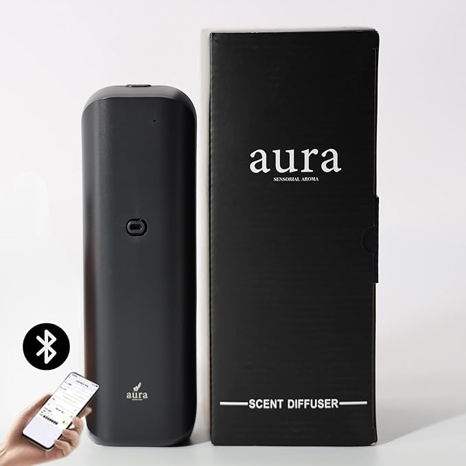 Aura Bluetooth Smart Plug-in Oil Diffuser – Cold-Air Scent Diffuser for Home, 500 Sq Ft Coverage, 100ml Refillable Bottle, Adjustable Fragrance Intensity, Includes 15ml Luxury Scent Oil (Black)