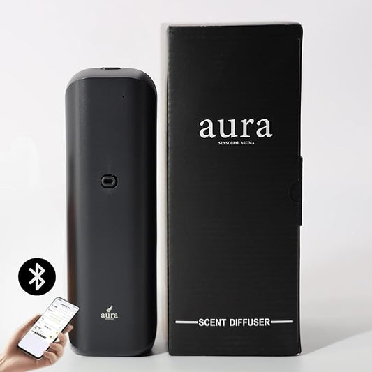 Aura Bluetooth Smart Plug-in Oil Diffuser – Cold-Air Scent Diffuser for Home, 500 Sq Ft Coverage, 100ml Refillable Bottle, Adjustable Fragrance Intensity, Includes 15ml Luxury Scent Oil (Black)