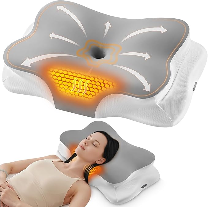 Heated Cervical Pillow for Neck Pain Relief, Ergonomic Contour Orthopedic Memory Foam Pillow for Neck Support, USB Heating with Adjustable Temp Settings