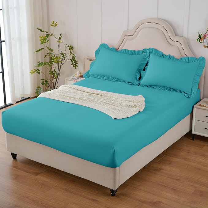 Homiest 3-Pieces Ruffle Pillow Case & Fitted Sheet Set, Teal Blue Full Sheets with 2 Ruffled Pillow Shams, 15 Inch Deep Pocket, Cute & Coquette Microfiber Bed Set for Decorating Bedroom Hotel