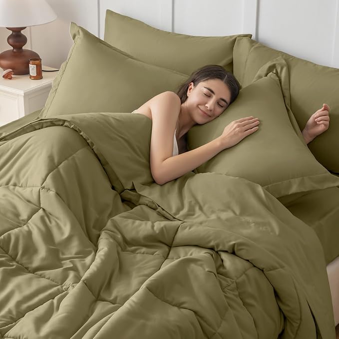 JOLLYVOGUE California King Comforter Set, Ultra-Soft Bed in a Bag Cal King Size 7 Pieces, Oeko-TEX Certified Bedding Set with Down Alternative Comforter, Sheets, Pillowcases & Shams, Olive Green