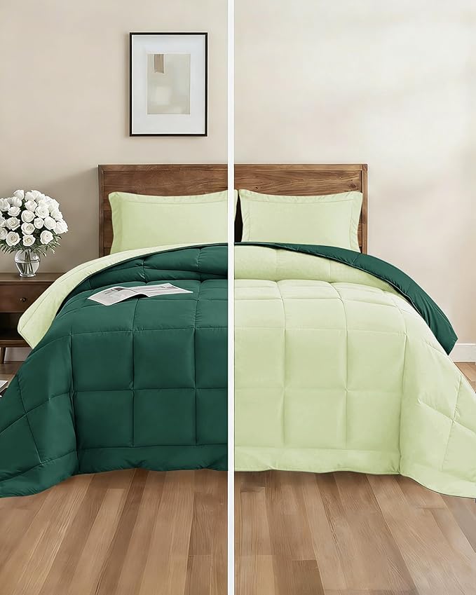 Full Comforter Set - 7 Piece Bed in a Bag Full Size Bed Set - Down Alternative Comforter, Flat Sheet, Fitted Sheet, Pillowcase & Shams for All Seasons - Soft, Comfy & Breathable - Light Sage/Emerald