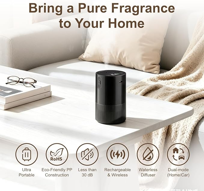 ASAKUKI Waterless Diffuser Essential Oils,Portable & Cordless Design,Adjustable Mist Levels and Timer,0.34 fl. oz. / 10 ml,Built-in Rechargeable Battery,Essential Oil Diffuser for Home,Car and Room