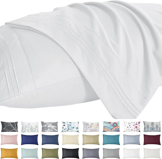 YIYEA Standard Pillow Cases Set of 2, Ultra Soft Double Brushed Microfiber Pillowcases Standard, Hotel Quality Embroidered Bed Pillow Covers, Fade Resistant, Easy Slip-On (20"x26", White)