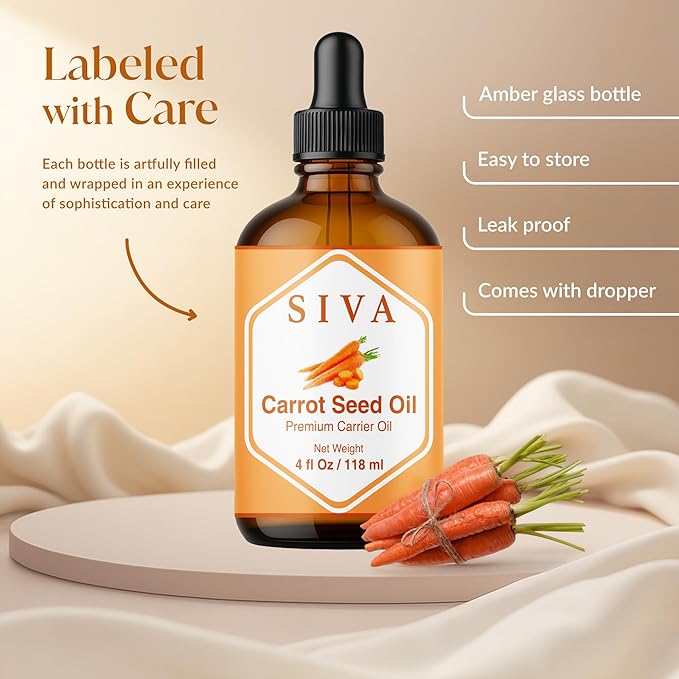Siva Carrot Seed Oil 4oz (118ml) Premium Cold-Pressed 100% Natural Carrier Oil with Dropper for Face, Skin Care, Body Massage, Hair Care, Hair Oiling & Scalp Massage