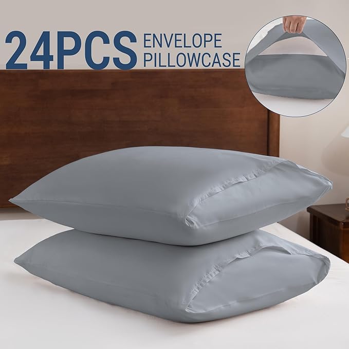 Pillowcases Queen Size 24 Pack - Bulk Pillow Cases with Envelope Closure, Soft Brushed Microfiber Pillow Covers Hospital Hotel Airb&bs Essentials for Hosts (20x30, Gray)