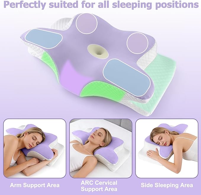 Memory Foam Neck Pillow - Adjustable Orthopedic Contour Pillow for Neck & Shoulder Support, Odorless, Side Back Stomach Sleeper Friendly, Enhanced Spinal Alignment - Light Purple