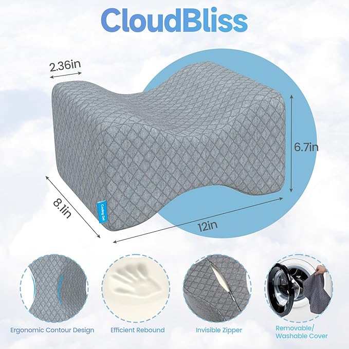 CloudBliss Knee Pillow for Side Sleepers - Cooling Leg Pillow for Side Sleeping, Memory Foam Knee Pillow for Hip Pain, Lower Back Pain, Sciatica Pain, Knee Wedge Pillow with Contour Design,Grey