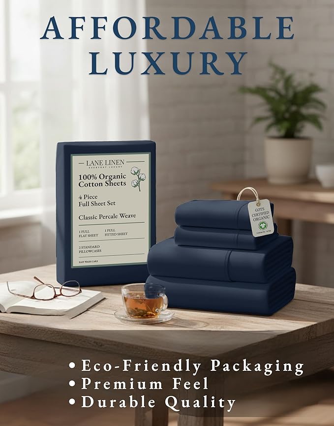 LANE LINEN Eco Friendly 100% Organic Cotton Fully Elasticized Full Sheet Set, Low Pilling Fade Resistant Machine Washable Naturally Cooling Full Bed Sheets, Soft & Comfy Cotton Bedding- Navy