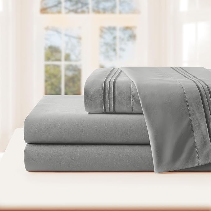 Manyshofu Extra Deep Pocket Twin Sheets Set - Hotel Luxury 1800 Thread Count Sheets & Pillowcases - Kids Bedding Set up to 24" Mattress - Silver Grey Bed Sheets 18-24 Inch Deep Pockets - 3 Piece