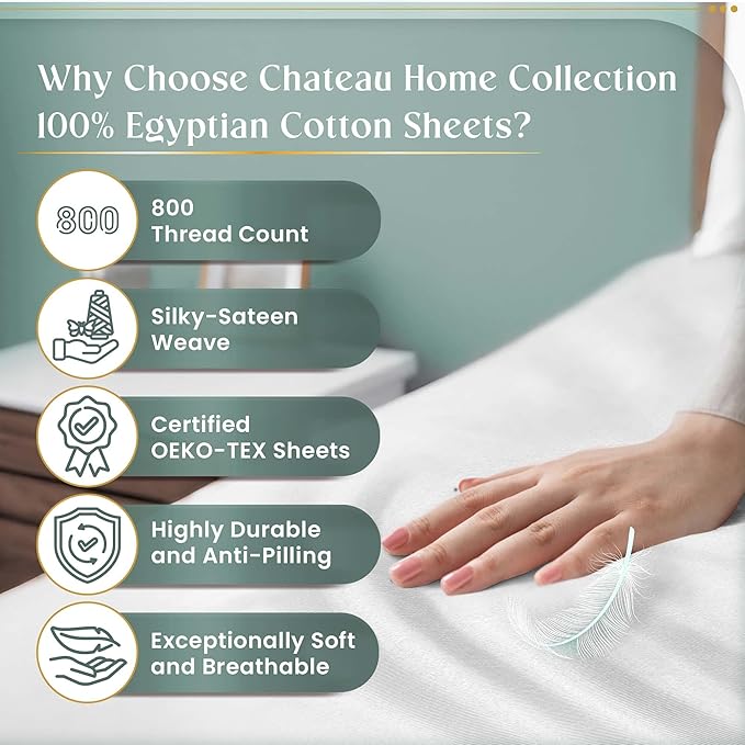 100% Egyptian Cotton Sheets Full Size Bed Set, 15" Deep Pocket Full Sheet Set, 800 Thread Count Cotton Sateen Weave Bed Sheets, Soft Breathable Fully Elasticated Luxury White Bedding For All Seasons