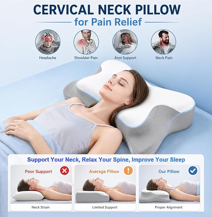 Cervical Pillow for Neck Pain Relief, Sleep Apnea Pillow, Cooling Memory Foam Pillow Ergonomic Orthopedic Contour for Side, Back and Stomach Sleepers, 2 in 1 Neck Shoulder Relief System Bed Pillow