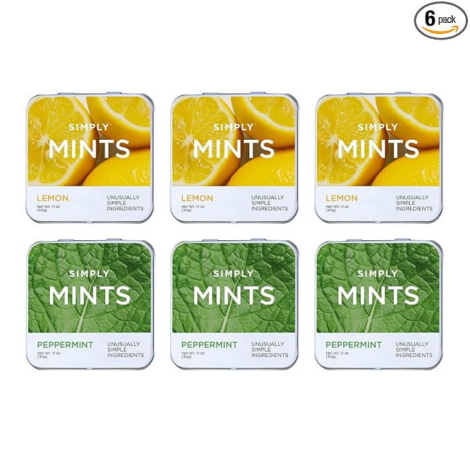 SIMPLY MINTS Lemon & Peppermint Natural Breath Mint Variety Pack, 6 Pack (180 Pieces), Made with Real Peppermint Oil | Aspartame-Free, Sorbitol-Free, Xylitol-Free, Vegan, Kosher, Non-GMO