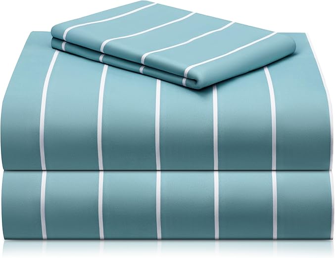 LuxClub Striped Sheets, 3 PC Striped Bed Sheets Twin Size, Deep Pockets 18" Eco Friendly Wrinkle Free-Kids-Fitted Sheets Machine Washable Hotel Bedding (Twin, Light Blue)