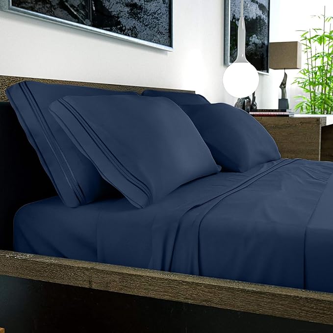DREAMCARE California King Sheet Sets - 6 pcs Breathable Cooling Bed Sheets - up to 15" Deep California King Sheets with Side Pockets -Extra Soft 100% Brushed Hypoallergenic Hotel Luxury Bedding N-Blue