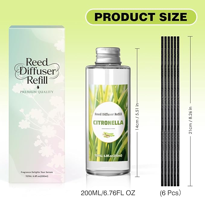 SCENTORINI Reed Diffuser Oil Refill, Citronella Diffuser Oil 6.76 Fl Oz, Natural Scented Essential Oil Refill Long Lasting Home Fragrance for Room Spa Aromatherapy Bathroom Hotel Decor, Patio, Outdoor