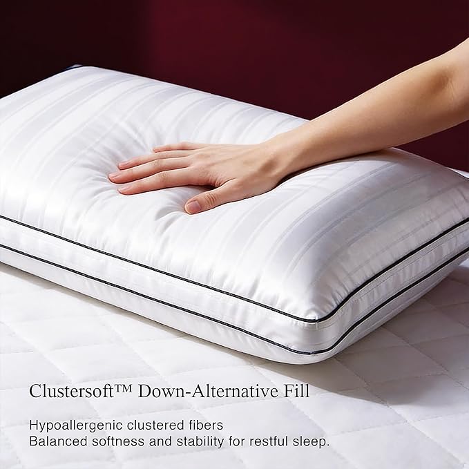 Blue Ridge Home Fashions Luxury Hotel Collection Bed Pillows Queen Size Set of 2, Soft Medium 500 Thread Count Damask Stripe Embroidered 100% Cotton Cover, Gusseted Down Alternative