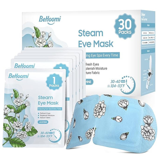 BeHoomi 30Packs Steam Eye Mask, Heated Eye Mask Warm Compress for Eyes, Self Heating Disposable Steam Mask for Home Sleep, Spa, Travel Essentials & Relaxation Gifts, Mothers Day Gifts (Jasmine)