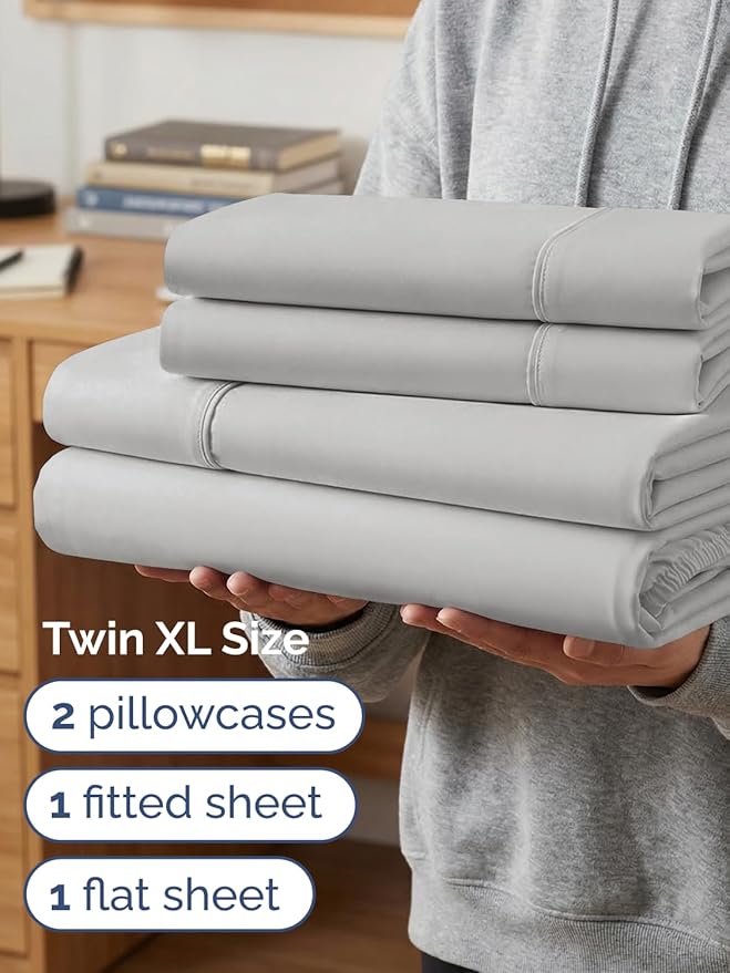 Extra Deep Twin XL Sheet Set - 4 Piece Breathable and Cooling Sheets - Hotel Luxury Bedding for Women, Men, Kids & Teens - Easy & Secure Fit - Soft and Wrinkle Free - Extra Deep Pockets - French Grey