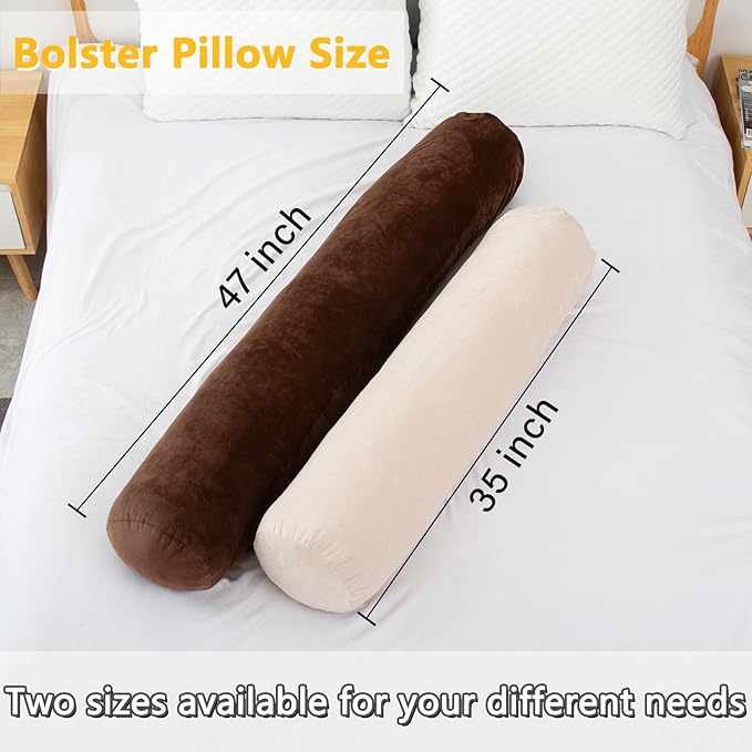 1 MIDDLE ONE Round Body Pillow for Adults, Long Bolster Pillow for Bed with Removable Velvet Cover, Decorative Tube Roll Cylinder Pillow, 35 x 7.87 Inch, Coffee