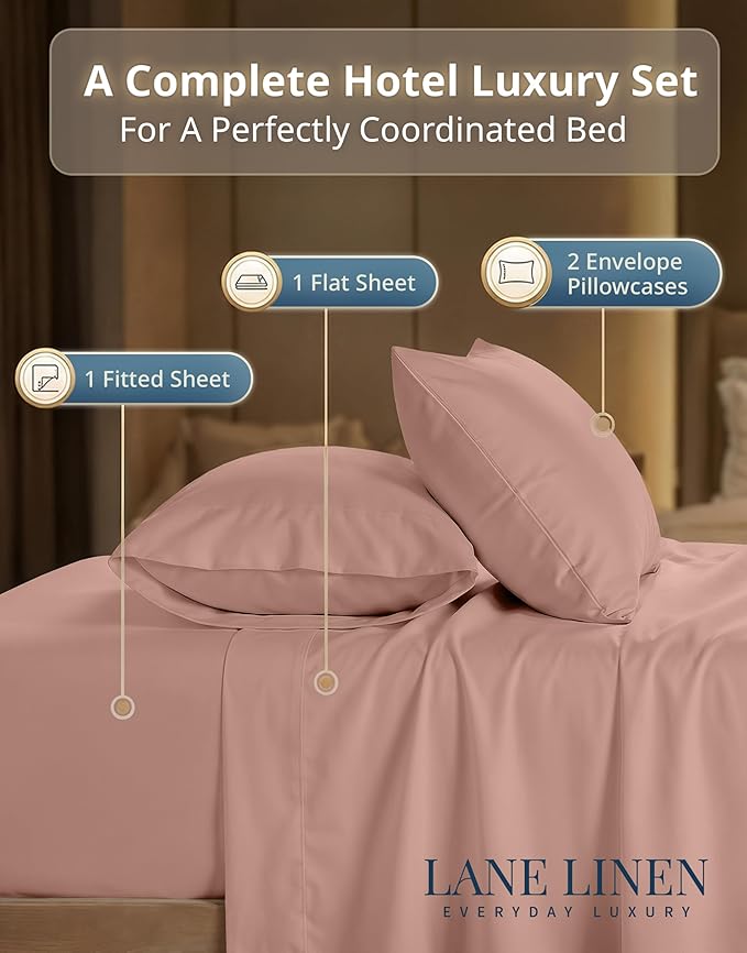 LANE LINEN California King Sheet Sets - 600 Thread Count Premium Sateen Weave - Thick & Comfy Cotton Sheets for Hotel Quality Softness - 15'' Deep Pocket for Snug Fit to Your Mattress - Sepia Rose
