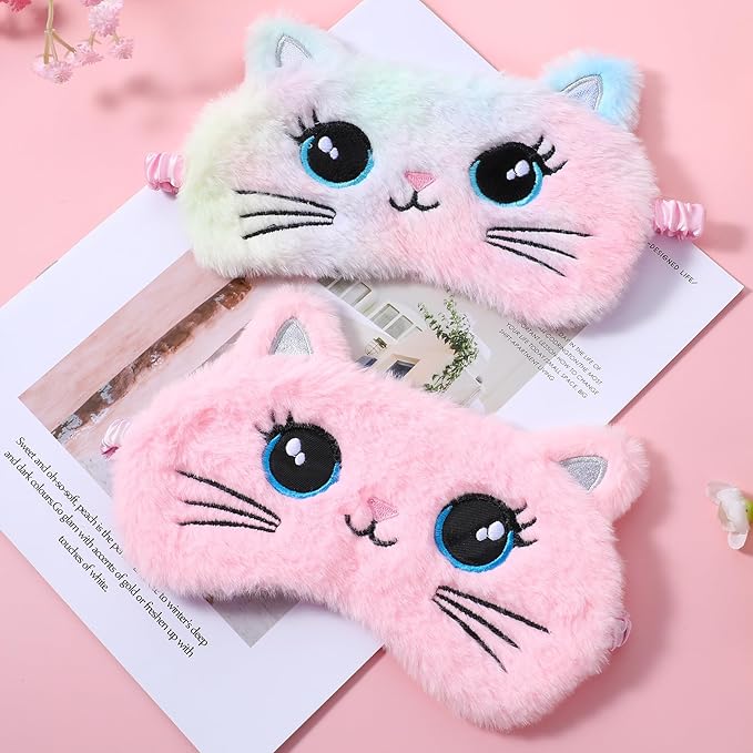 2 Pcs Plush Eye Mask Soft Sleeping Blindfold Eye Cover Comfortable Cute Animal Sleeping Mask Satin Nap Night Eyeshade Cover for Women Men Gift (Pink Muliticolor Cat Style)